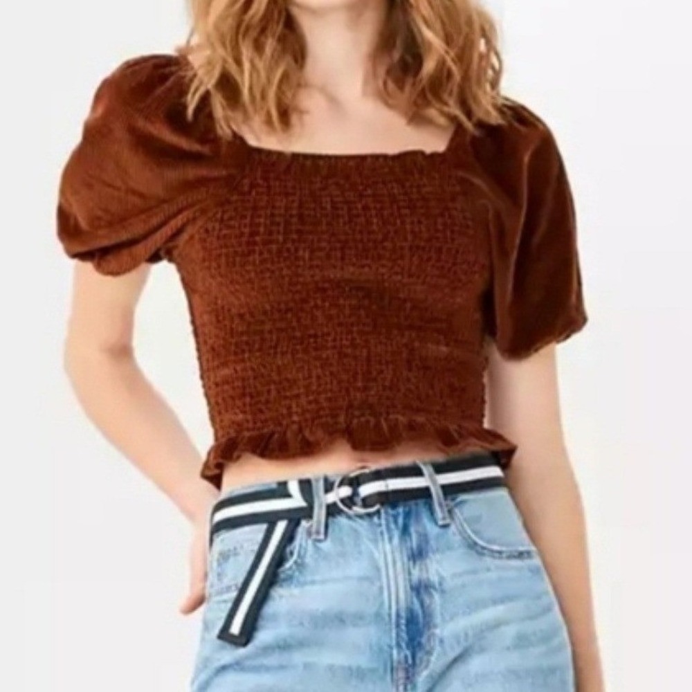 American Eagle Brown Corduroy Smocked Puff Sleeve Crop Top Square Neck Small